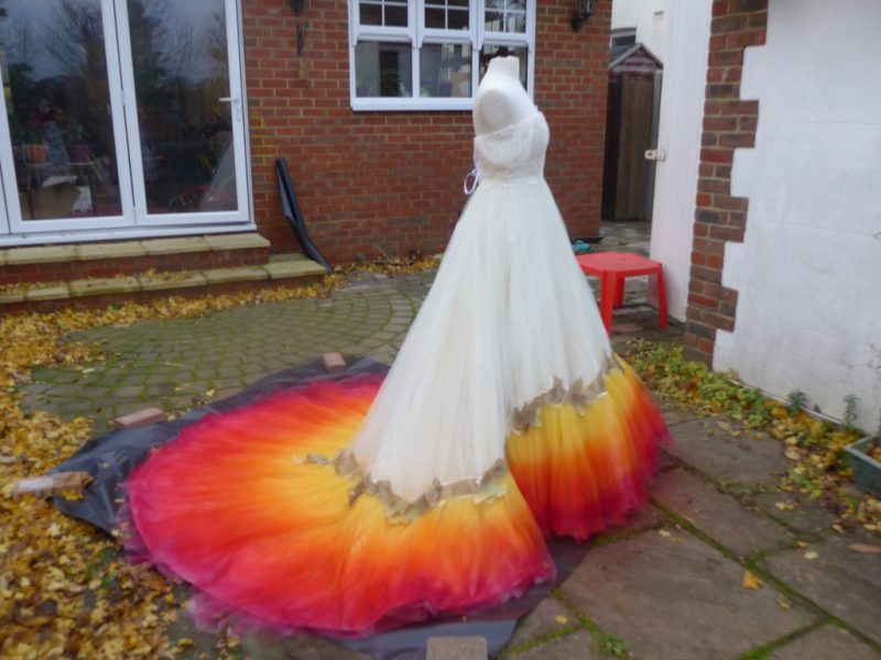 Ivory silk and tulle Wedding dress by Felicity Westmacott, dip-dye spraying in progress