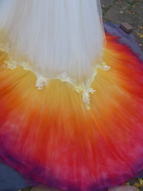 Dip-dye Ivory silk and tulle Wedding dress by Felicity Westmacott, dip-dye spraying in progress
