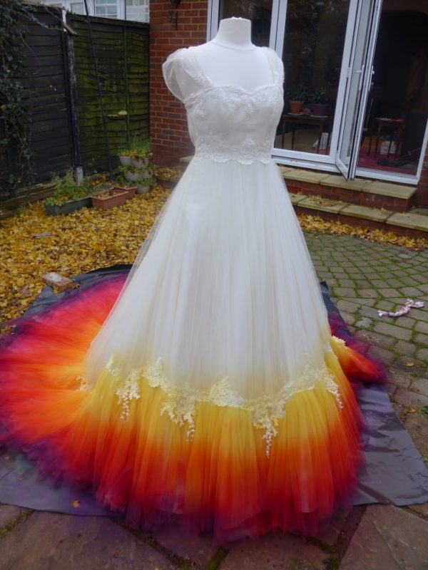 Dip-dye Ivory silk and tulle Wedding dress by Felicity Westmacott, dip-dye spraying in progress