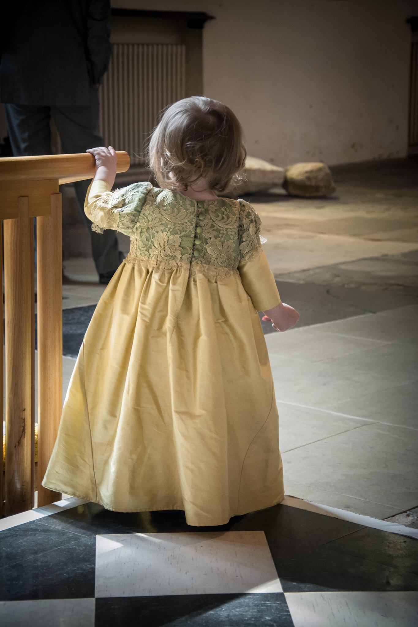 Mini-me Christening gown in green silk and gold lace by Felicity Westmacott