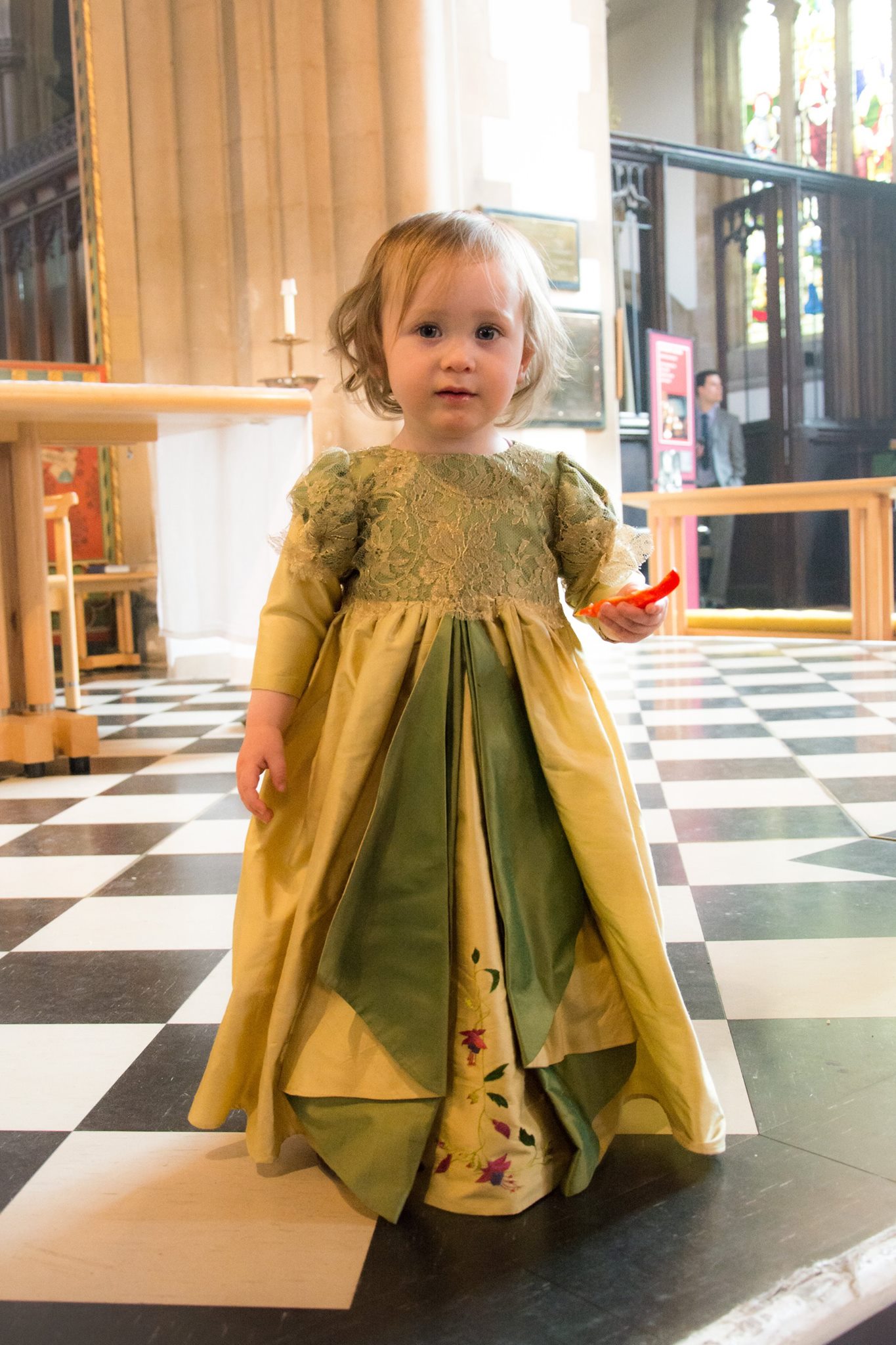 Mini-me Christening gown in green silk and gold lace by Felicity Westmacott
