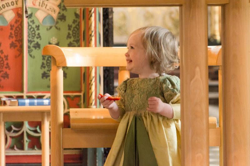 Mini-me Christening gown in green silk and gold lace by Felicity Westmacott
