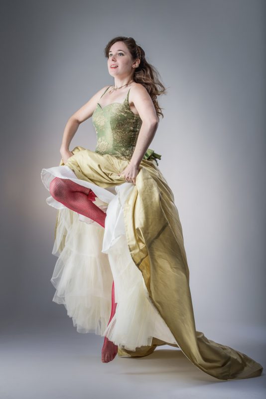 Wedding dress in gold and green silk with gold lace detail by Felicity Westmacott