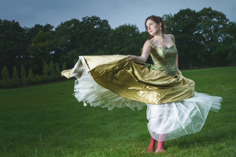 Wedding dress in gold and green silk with gold lace detail by Felicity Westmacott