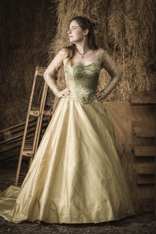 Wedding dress in gold and green silk with gold lace detail by Felicity Westmacott