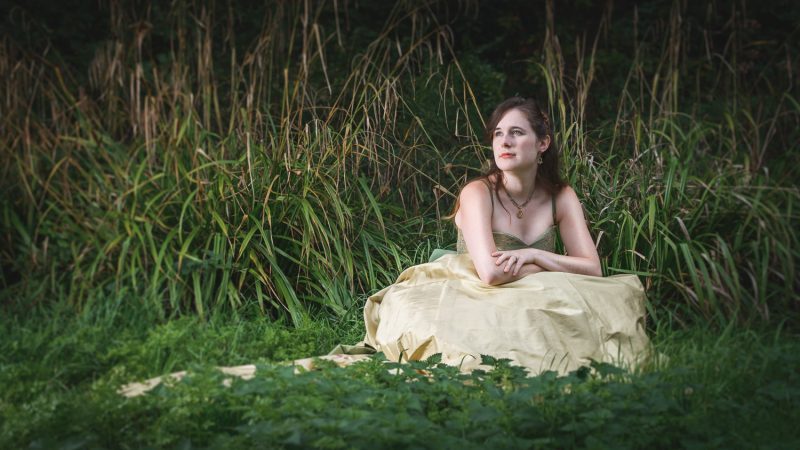 Wedding dress in gold and green silk with gold lace detail by Felicity Westmacott