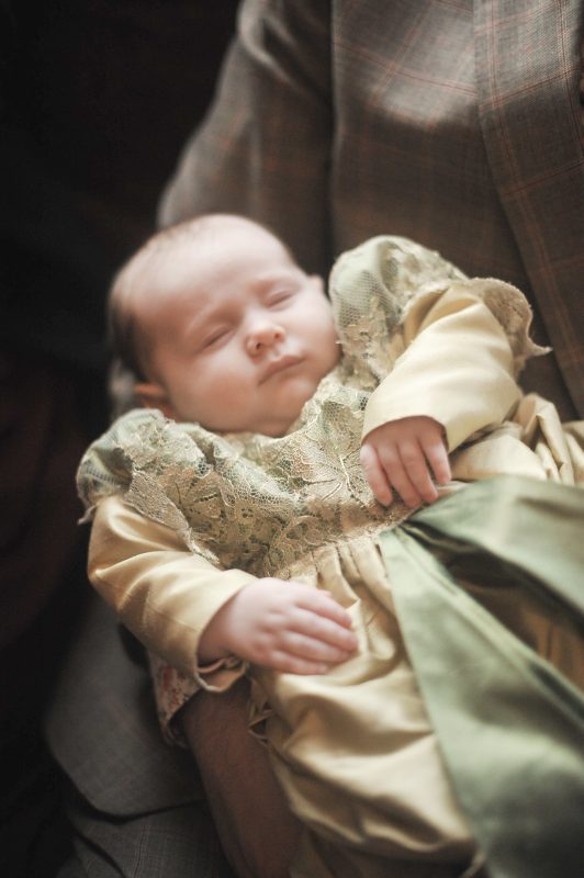 Mini-me Christening gown in green silk and gold lace by Felicity Westmacott