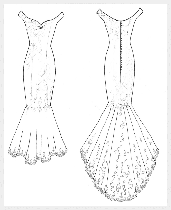 Royal Wedding inspired, matt Ivory Satin wedding dress, with lace applique detail: design sketch