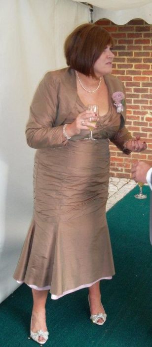 Cocoa and pink silk ruched dress and peplum jacket by Felicity Westmacott