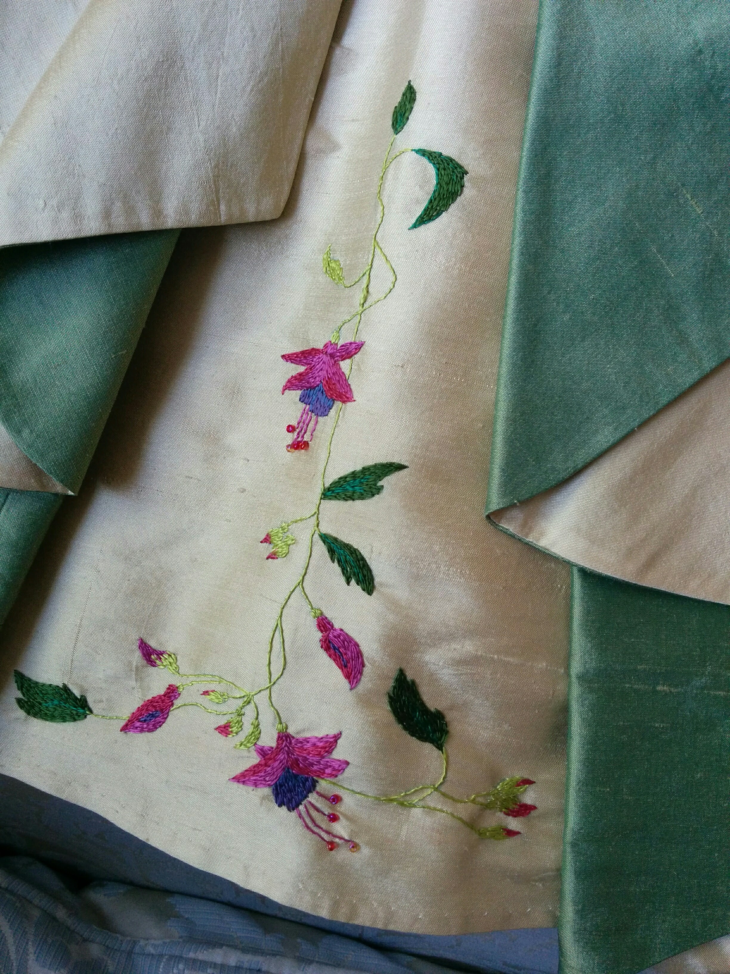 Mini-me Christening gown in green silk and gold lace by Felicity Westmacott: hand embroidery detail