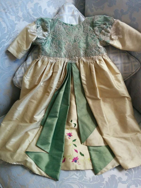 Mini-me Christening gown in green silk and gold lace by Felicity Westmacott
