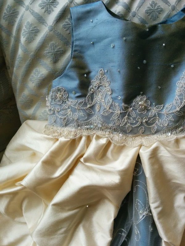 Mini-me Christening Dress in pale gold and blue silk with lace by Felicity Westmacott: waistline detail