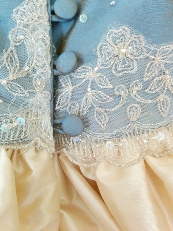 Mini-me Christening Dress in pale gold and blue silk with lace by Felicity Westmacott: button back detail