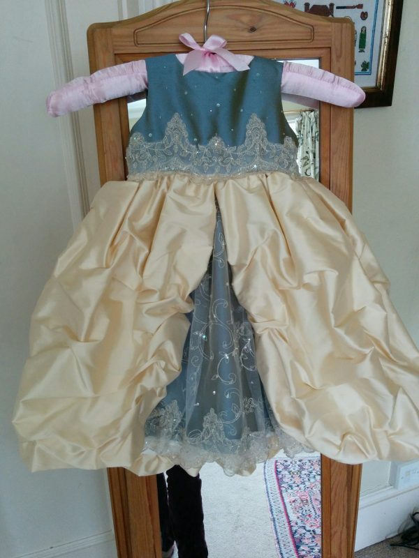 Mini-me Christening Dress in pale gold and blue silk with lace by Felicity Westmacott: finished dress
