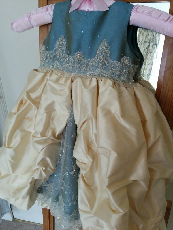 Mini-me Christening Dress in pale gold and blue silk with lace by Felicity Westmacott: finished dress