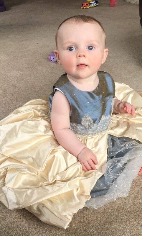 Mini-me Christening Dress in pale gold and blue silk with lace by Felicity Westmacott
