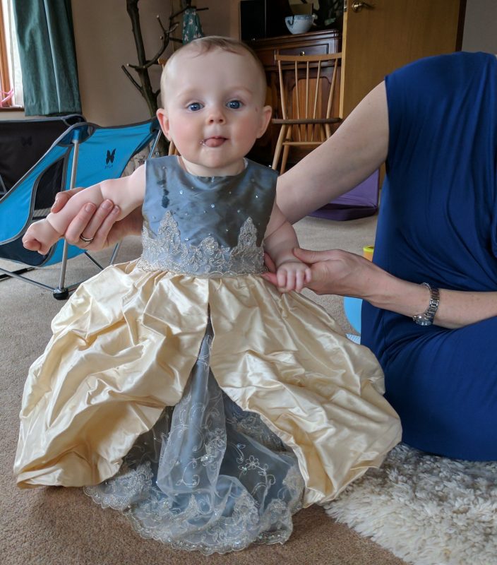 Mini-me Christening Dress in pale gold and blue silk with lace by Felicity Westmacott