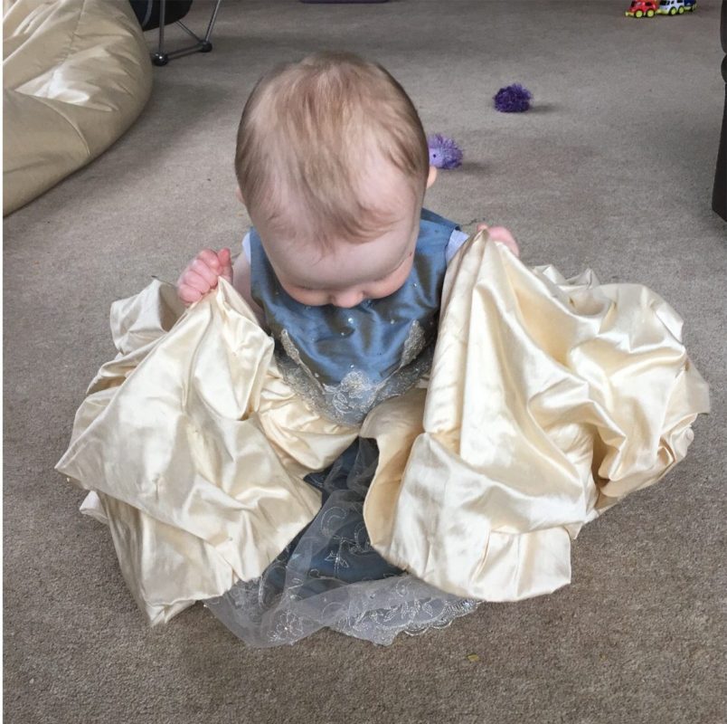 Mini-me Christening Dress in pale gold and blue silk with lace by Felicity Westmacott