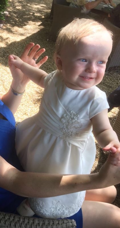 Mini-me christening dress by Felicity Westmacott, made from mummy's wedding dress in ivory taffeta and beaded applique