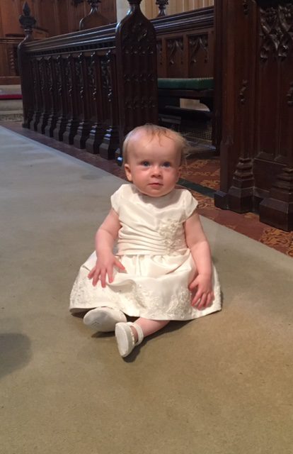 Mini-me christening dress by Felicity Westmacott, made from mummy's wedding dress in ivory taffeta and beaded applique