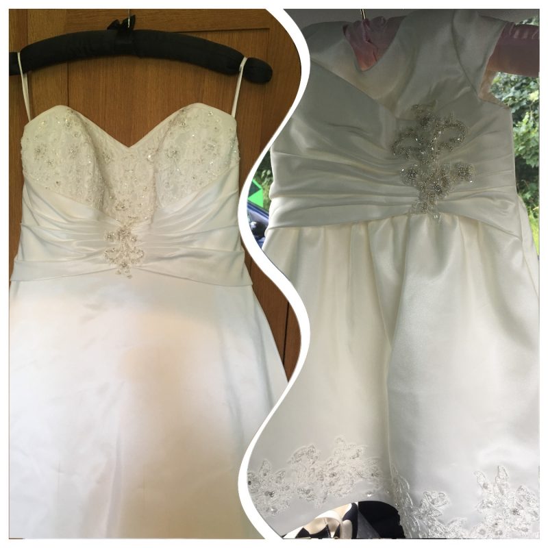 Mini-me christening dress by Felicity Westmacott, made from mummy's wedding dress in ivory taffeta and beaded applique: the dress before we cut it up: before and after