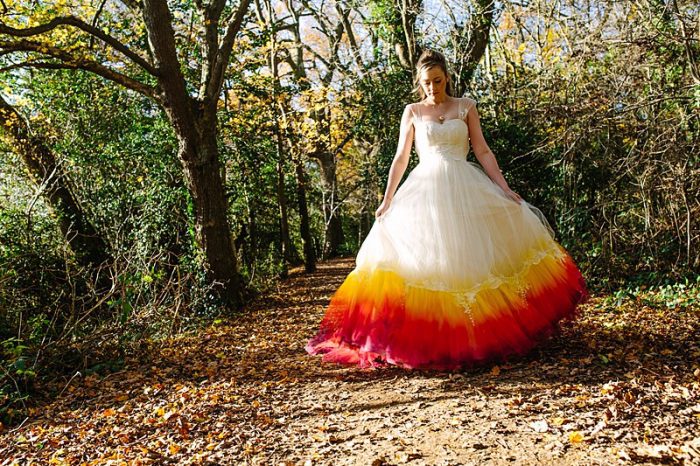 fire colour red yellow orange coloured wedding dress