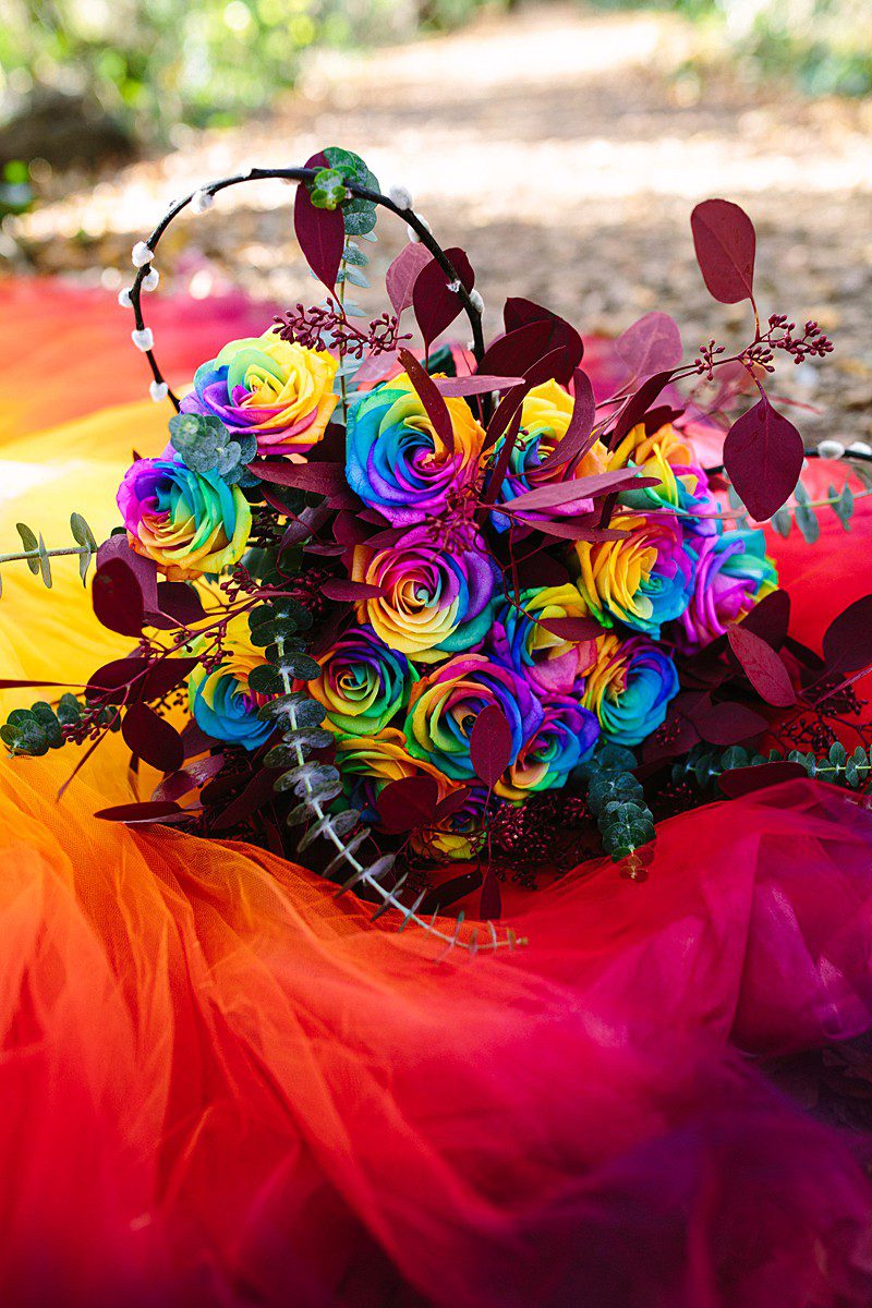 ombre bouquet pussy willow rainbow roses