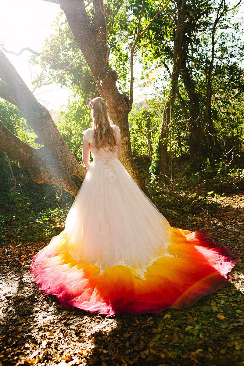 ombre bridal gown red yellow orange and ivory train