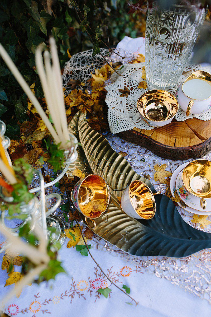 winter inspiration crockery gold cups leaf plate and tea set