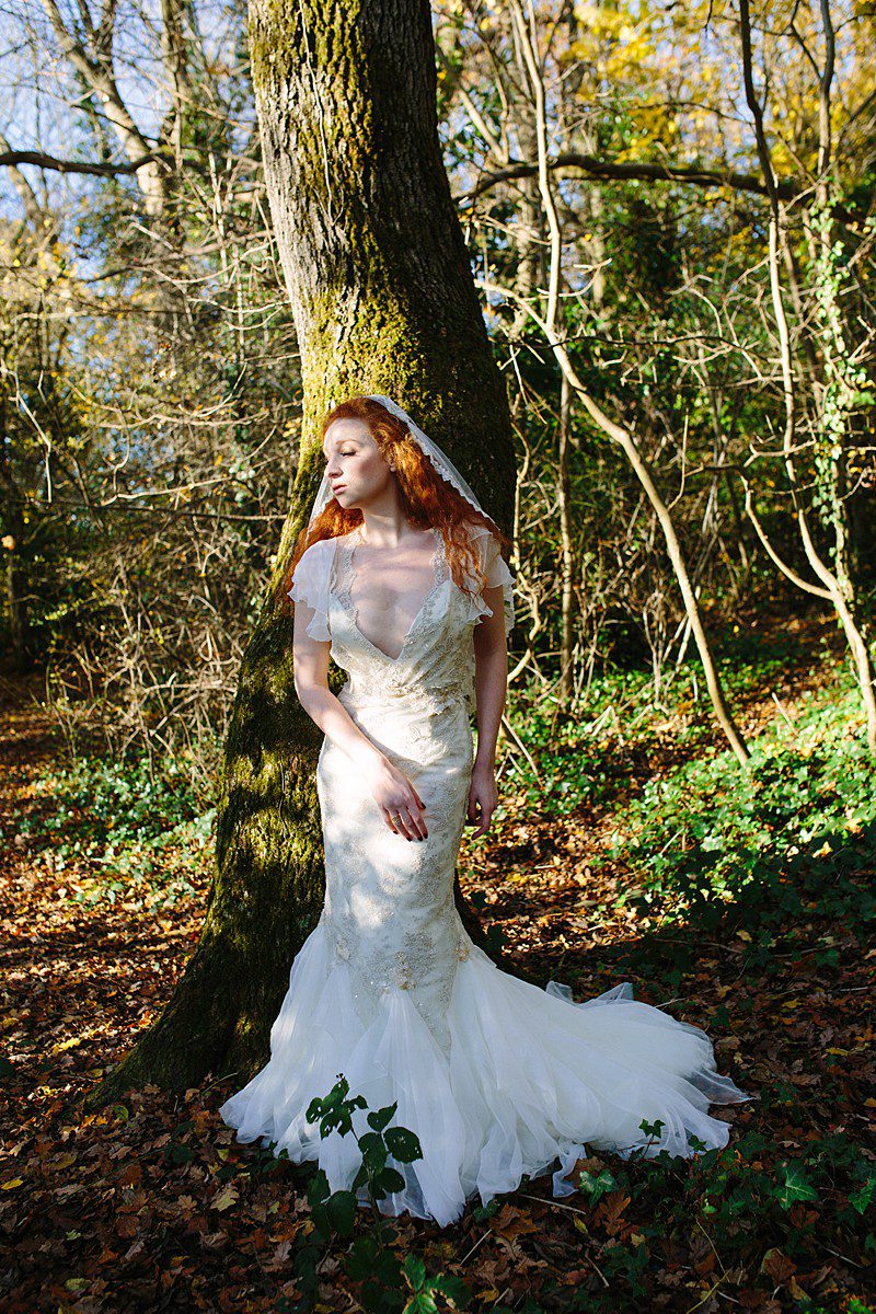 ivory mermaid v neck chiffon lace custom gown in the woods