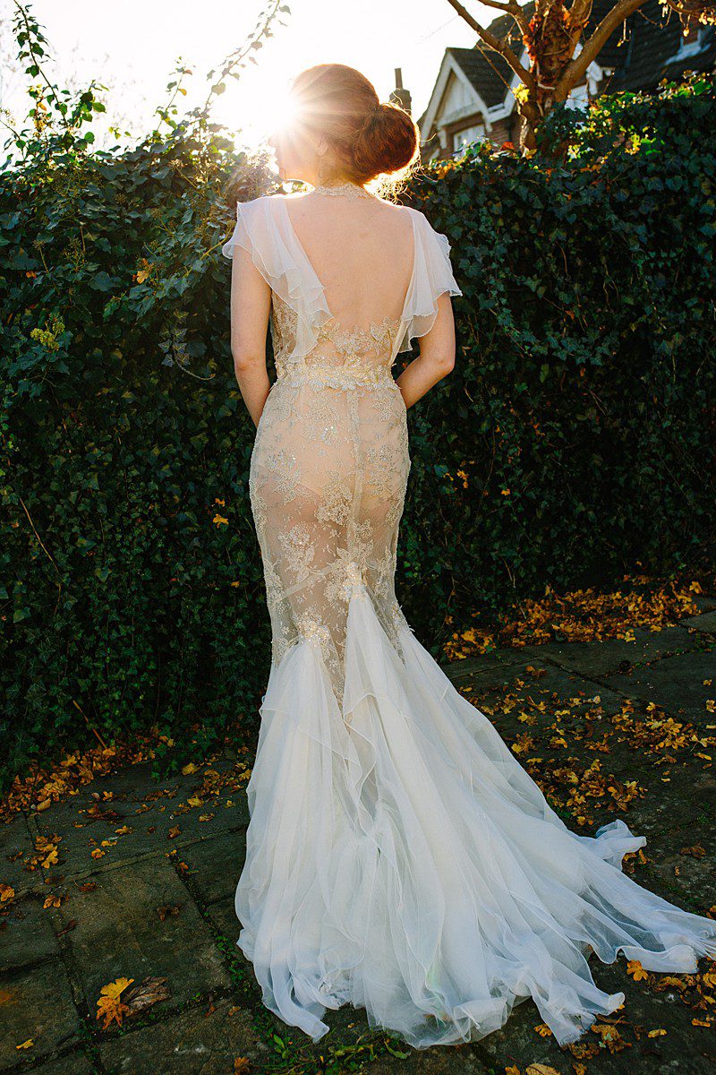 low back mermaid beaded lace wedding dress bespoke waterfall train