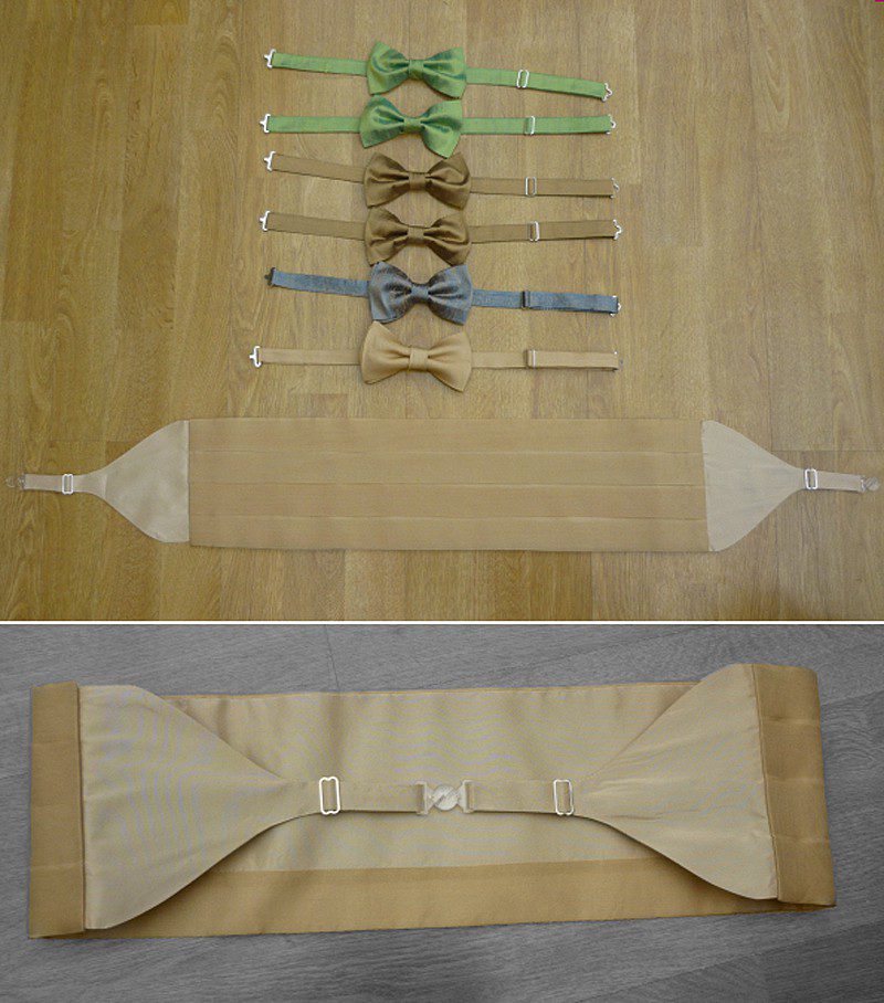 groomsmen bowties and cummberbund silk and organza sea colours