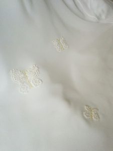 butterfly applique embroidery detail on wedding dress hand made to order