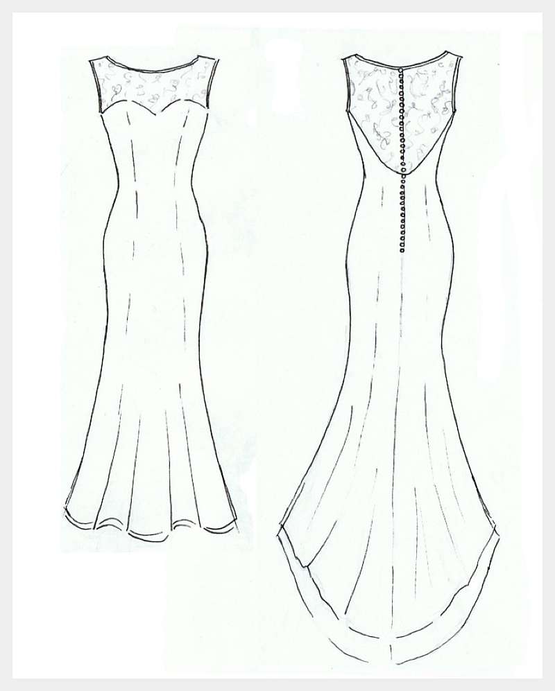 design sketch princess line low back lace wedding dress