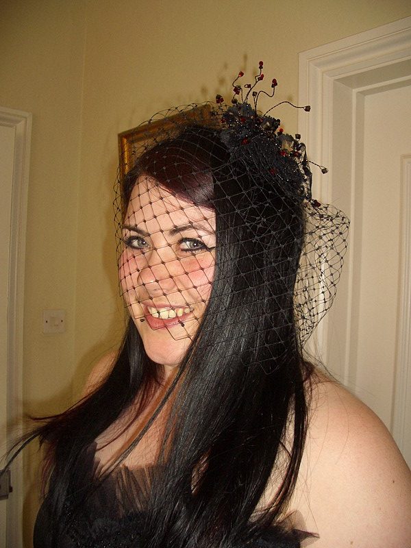 faye 23 fitting picture birdcage veil vintage tiara fascinator swarovski red and black crystal