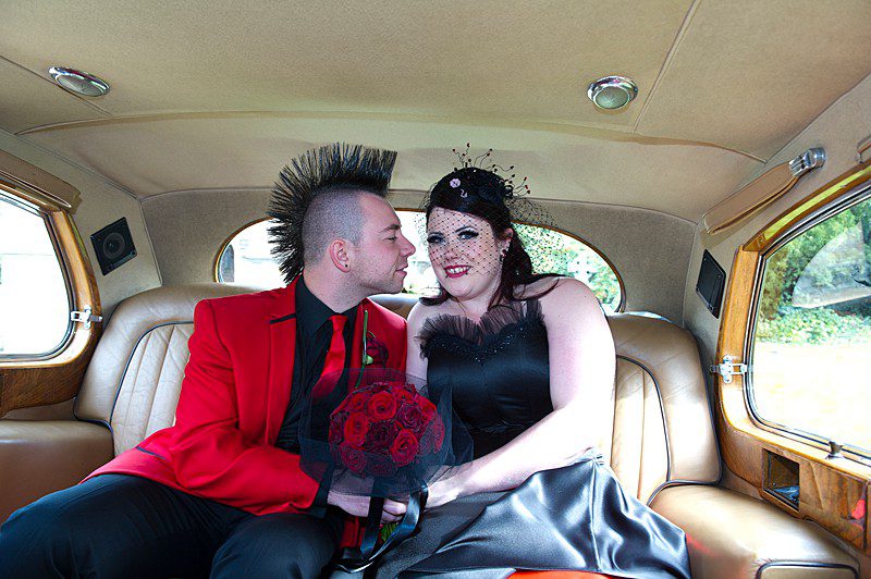 faye 9 vintage car non traditional wedding red and back goth punk