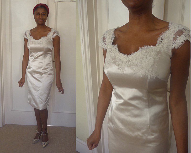 angela 1 making final fitting picture shift dress bespoke dressmaker wedding duchess satin