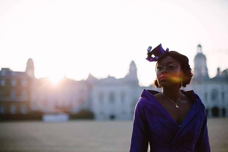 Horse guards parade London wedding mini top hat and off the shoulder collar