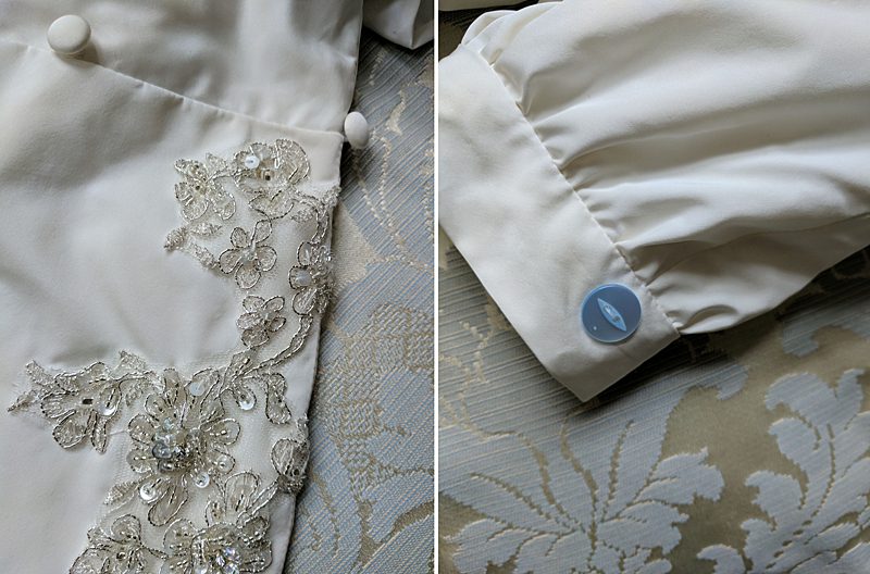 details of romper suit made from mummy's wedding dress for baptism something blue