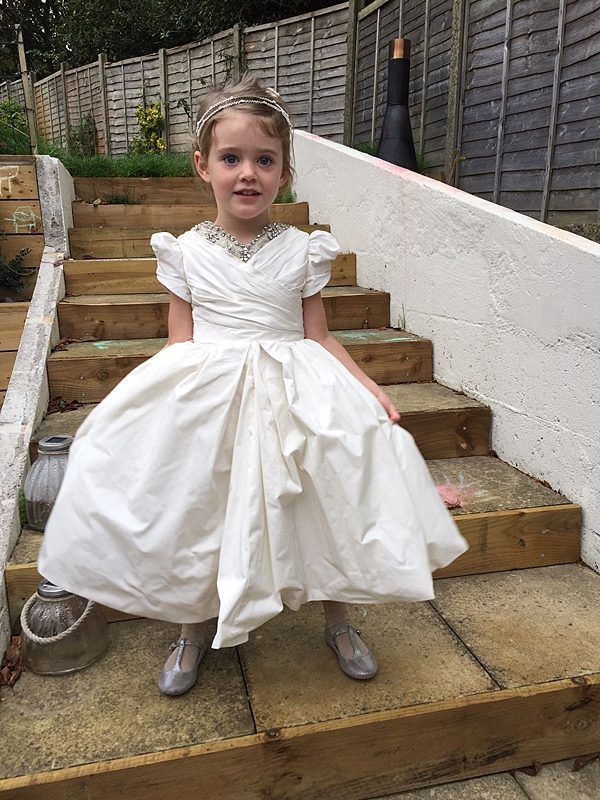 little girl on steps, party ball dress flowergirl wedding for christening gown child made to measure