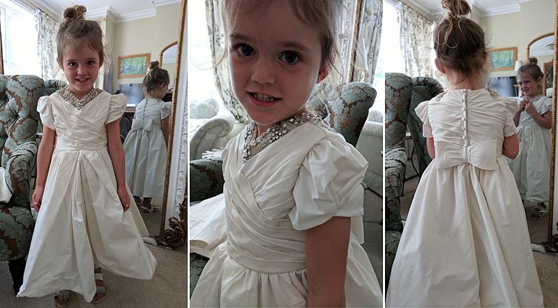 final fitting picture christening party flowergirl dress taffeta and diamante