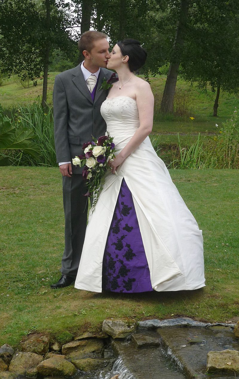 bespoke couture strapless modern silk dupion ivory and purple wedding dress