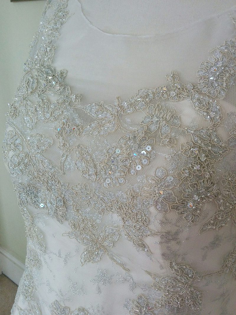 finished dress on the stand hand applique work silver lace