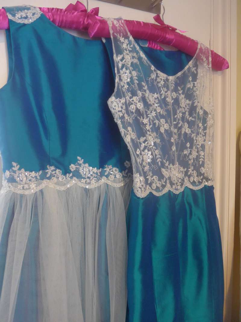 peacock blue shot dilk and ivory lace bridesmaids dresses