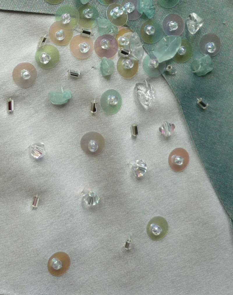 beading detail hand custom embellishment sequins swarovski crystal with aquamarine and quartz
