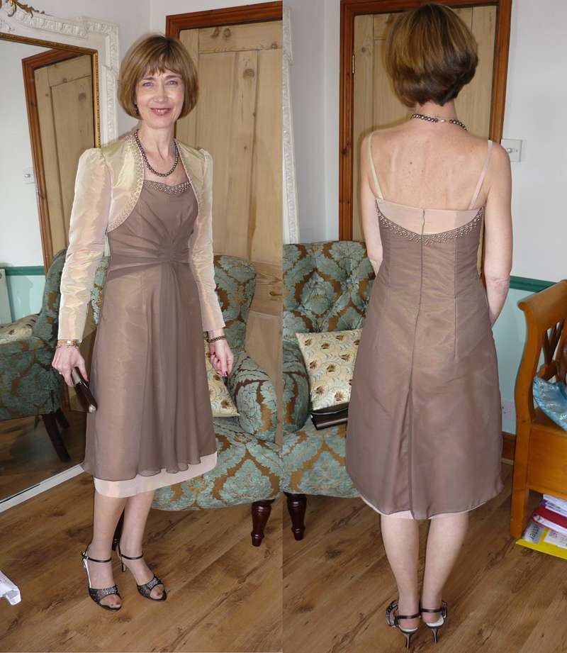 fitting picture bespoke dressmaker tea length wedding dress in brown taffeta and chiffon
