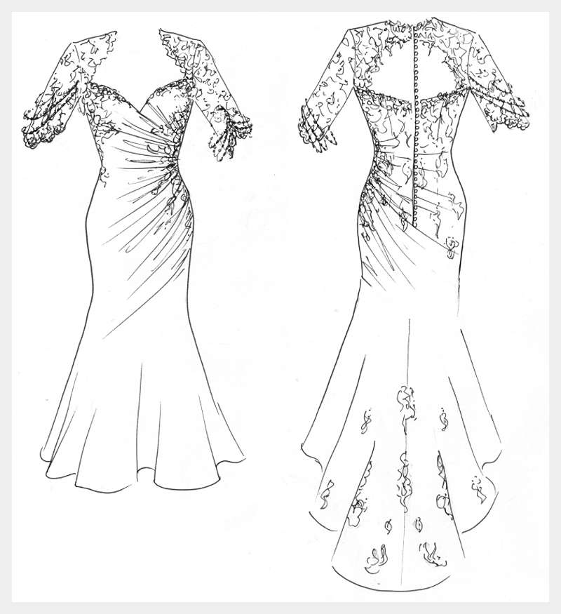 original design sketch by Felicity Westmacott ruched wedding dress