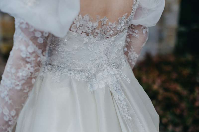 silver edge lace detail on romantic wedding dress