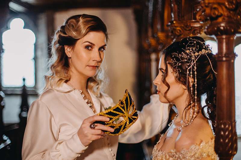 Jareth bride with mask sarah bride with headpiece