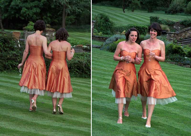 custom bridesmaid dress shot silk dupion walking on grass